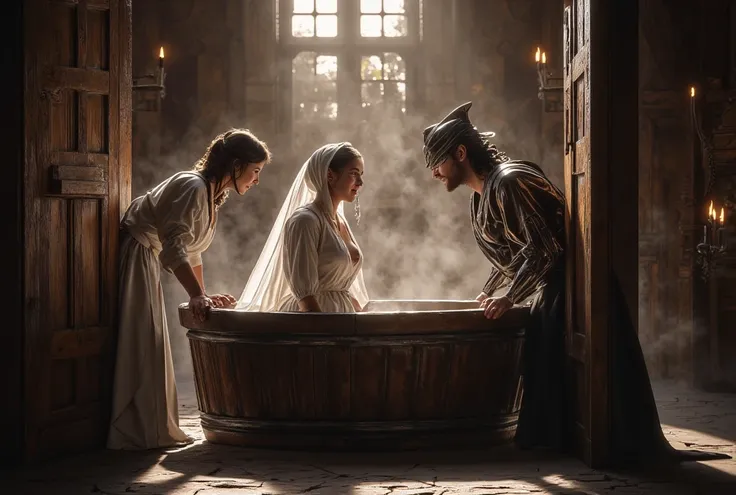 Two medieval servants peeking through a slightly open wooden door, whispering and giggling as they watch the noble lady and the castle guard sharing a bath in a large wooden tub, steam rising, soft torchlight flickering, a humorous and slightly scandalous ...