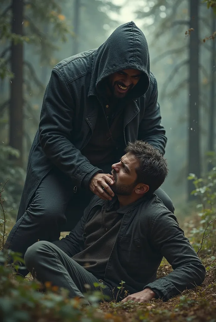 A hooded man strangling the neck of another man on the ground in the middle of a forest