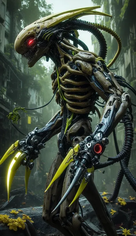 Hyper-realistic image. High quality, 8K Ultra HD. E.T., the classic extraterrestrial, transformed into a cybernetic bio-robotic monster by the Banana Virus. is running. His once smooth, luminescent skin is now a mix of rotting organic tissue and corroded m...