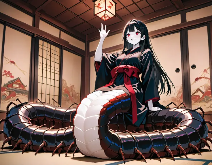 Lamia style girl. Fusion with a centipede. Black centipede body. Red insect legs. giant. Black costume. Japanese kimono dress. Red eyes. Black hair. Straight hair. Neat bangs. Grin. White skin. Japanese house. Indoors. look up.