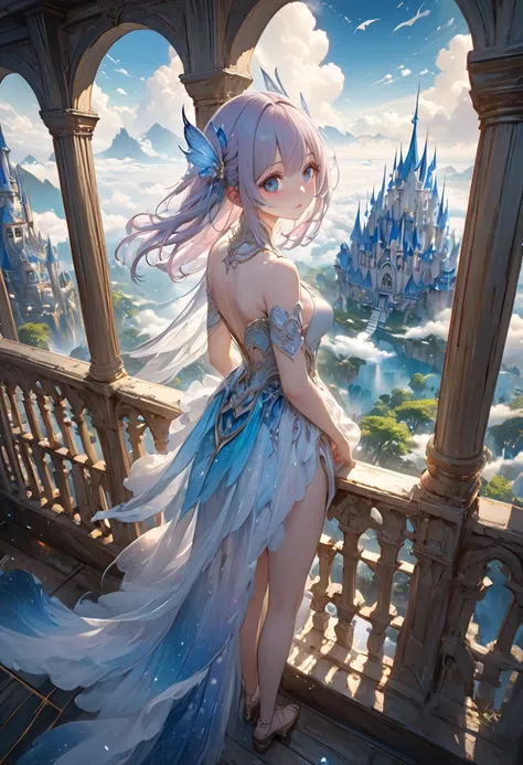 Aerial view of a woman standing on a balcony looking at the sky, Detailed dreamscape,  dreamy details, Flying Cloud Castle, Cloud Palace, Beautiful Fantasy Anime,  magical atmosphere + masterpiece, Dreamy Landscapes ,  anime fantasy art ,  High Definition ...