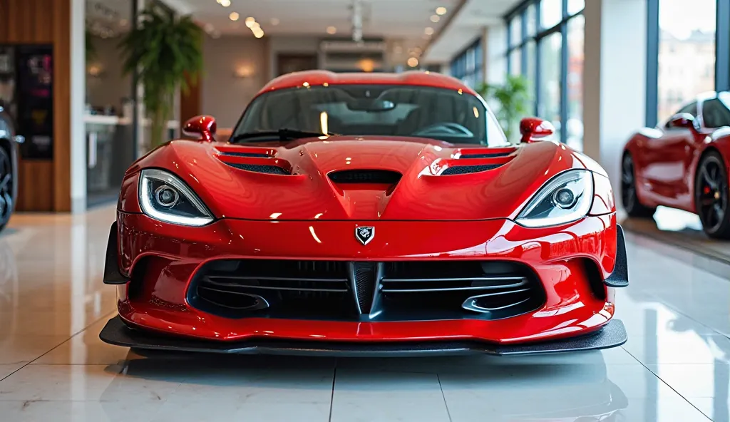 Generate 2025 Viper car in showroom color red front side 