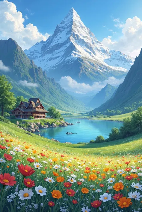 This picture shows a mountain view with a beautiful flower field. And a beautiful house with a river in front of it and the environment is full of calm lake.