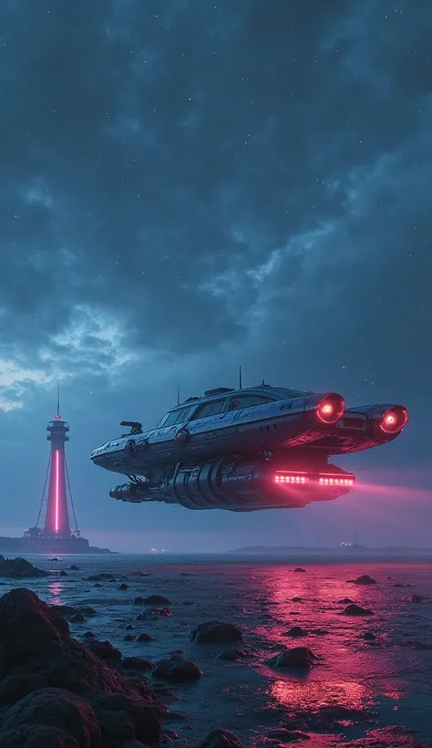 a Futuristic vehicle levitating above the ground,  rapidly moving towards a lighthouse visible in the distance , a Futuristic lighthouse shining horizontally with lasers instead of light, panoramic view of a night  Sci-fi  anime landscape, ( top quality,8k...