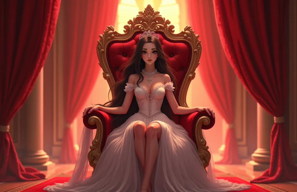 anime. a female, 33 years old, european, young adult, slim body, small breasts, brunette hair. очень худенькая девушка. сидит во дворце красном платье на троне. на голове корона