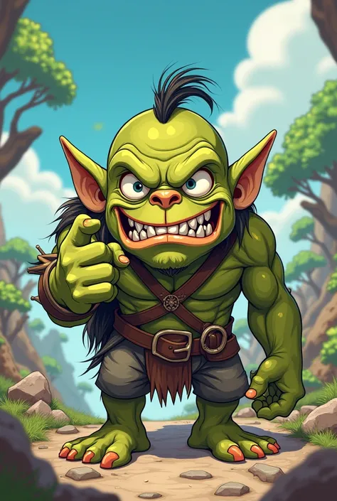 stupid looking orc anime style no muscles wears very stupid expression on his face