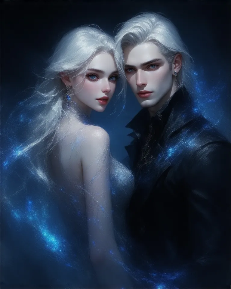 Randy Vargas-style illustration, portrait This is a breathtaking romantic style digital painting，depicts a beautiful blonde woman（Vika），She has long silver-white hair and sharp blue eyes，standing in a translucent male figure woven by luminous code（Dante）be...