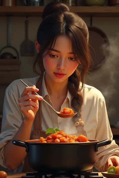 A young woman tasting her stew with the spoon and trying to understand how it tastes. 
