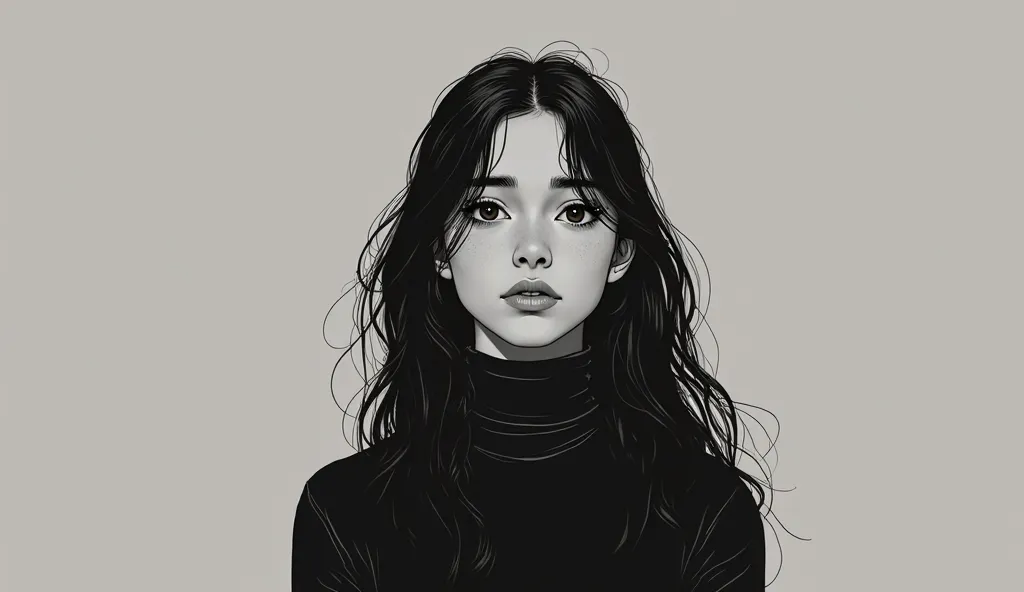 Retro manga art style, latino girl, black, long hair, wears black turtle neck,  rethinking lonliness, zen, black and white, colorless, on to the camera 