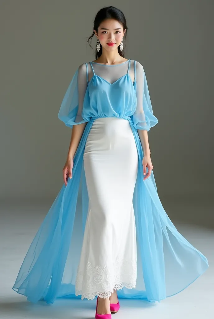 An asian woman with small eyes, without eyebrows and eyelashes, large cycle earrings, sheer blue chiffon ponchou top, white long pencil skirt, pink heels, white lace pants wore under the skirt in Chjan Siao