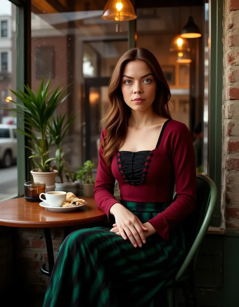 A candid yet refined photograph of a young woman with warm brown hair, slightly wavy at the ends, falling freely over her shoulders. She has expressive hazel-green eyes that add warmth and depth to her appearance.

She wears an eye-catching dress with a fi...