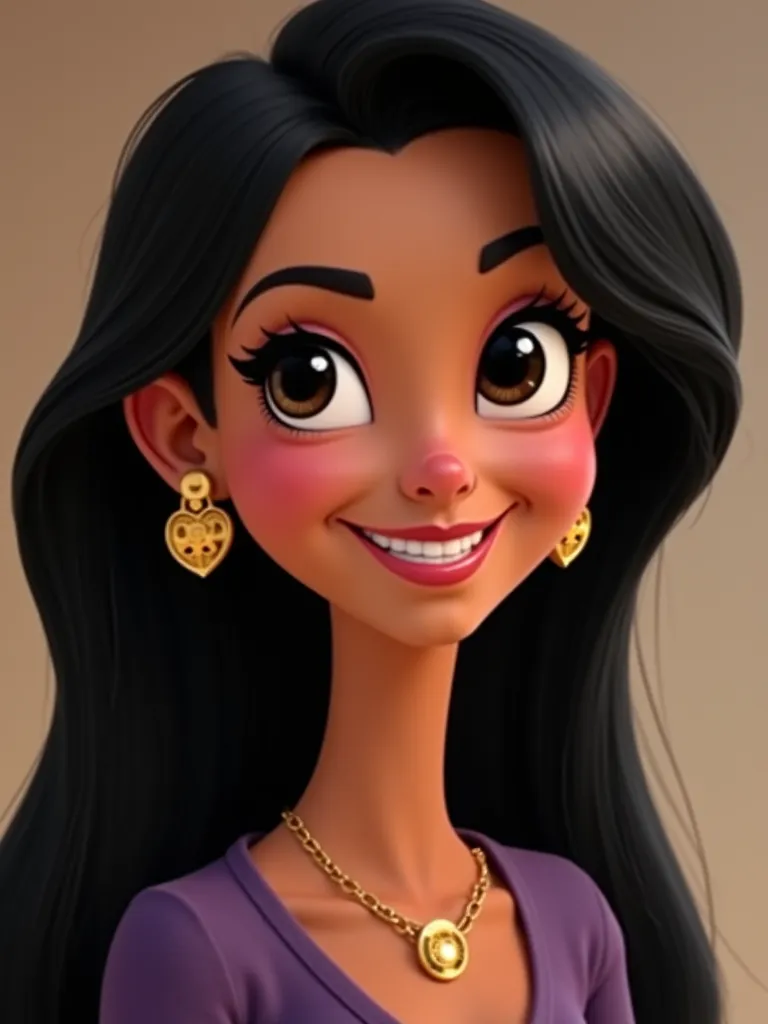 Disneylike cartoon of a young woman, long black hair, divided her hair and a part of the hair behind her ear,  straight hair,   black eyes,  LONG EYELASHES , dark colored leather, smiling showing her teeth and with a beautiful smile, with golden earrings o...