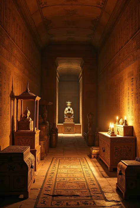 Realistic image of an ancient Egyptian tomb, full of treasures and funerary objects.  In the scene , ornate chests, wooden furniture inlaid with gold, dazzling jewels and majestic war chariots rest inside the tomb. The dim lighting of the torches highlight...