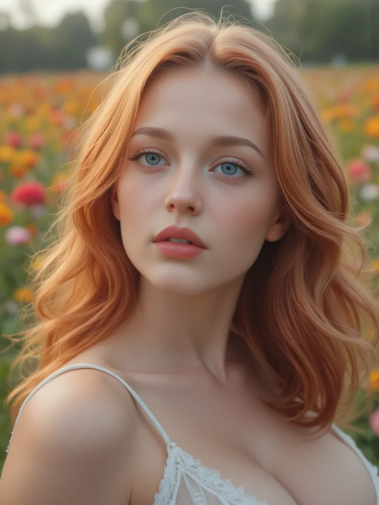 une femme aux cheveux roux dans un champ de fleurs, huge breasts, beauté éthérée, fille rousse, beaucoup de Merlot, beautiful femme rousse, cheveux roux doux, portrait doux en 8 k, femme rousse, incroyablement éthéré, une jeune femme rousse, déesse aux che...