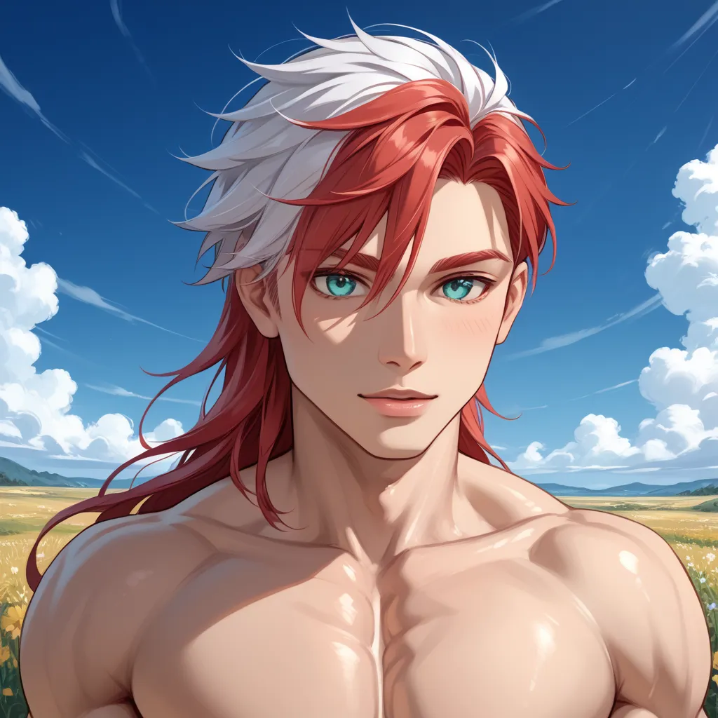 “Masterpiece, best quality, ultra-detailed, exquisite, beautiful, absurdres, highres, Full-HD, FHD. A tall, wiry, and toned young adult male with a lanky yet athletic build. He has striking silver-white hair and captivating aqua eyes. His skin is fair and ...