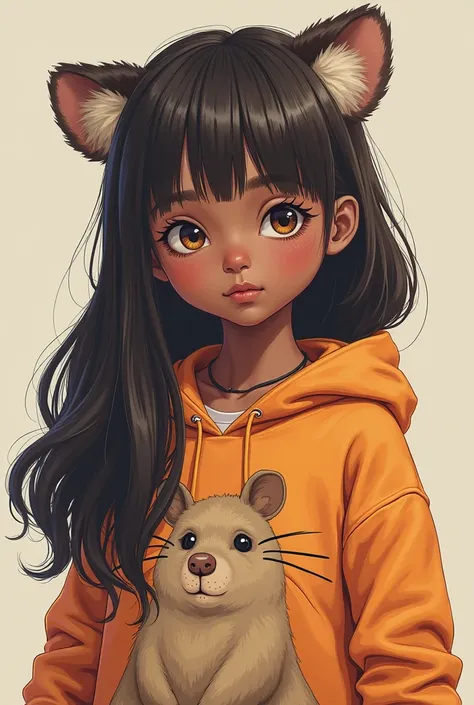 Girl with dark skin color and long straight hair cut in capybara with a capybara hoodie manga style the girl 