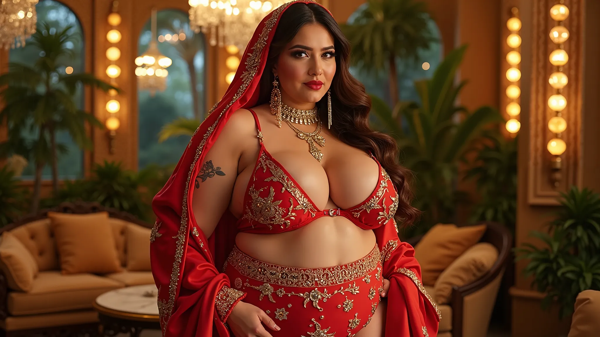 (((full-body-shot ))) of a super-ultra-big-plus-size woman with very chubby-body of Lebanese-Greek heritage with very huge-large-gigantic breasts, with very long, extra wavy, styled brown hair and fair skin tone , ultra-realistic detailed skin. She has bea...