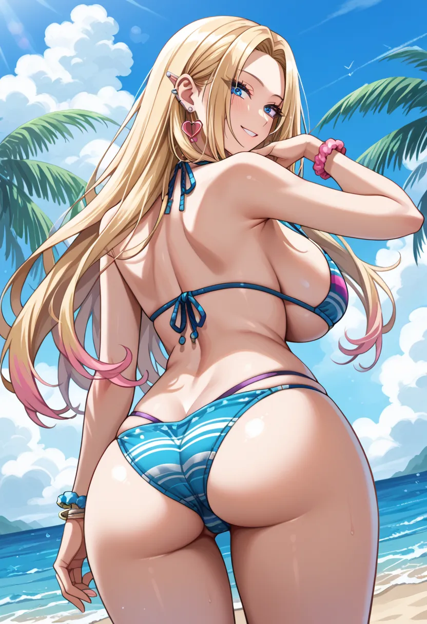 SimplePositiveXLv2, alpha, long hair, earrings, ear piercing, score_9, score_8_up, score_7_up, source_anime, masterpiece,best quality, huge breasts, (bikini), (bikini panties),flashy gyaru, shy, showy,too many accessories, colorful , kogal, kogal gyaru, ne...