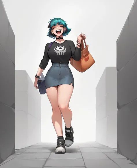 gothic woman , high, huge cartoon-style boobs, she is laughing while her right arm is stretched out at the side lifting a bag, hair with bangs, black shirt and short skirt,  stylized anime art , she is fully standing, full body, Legs and leg