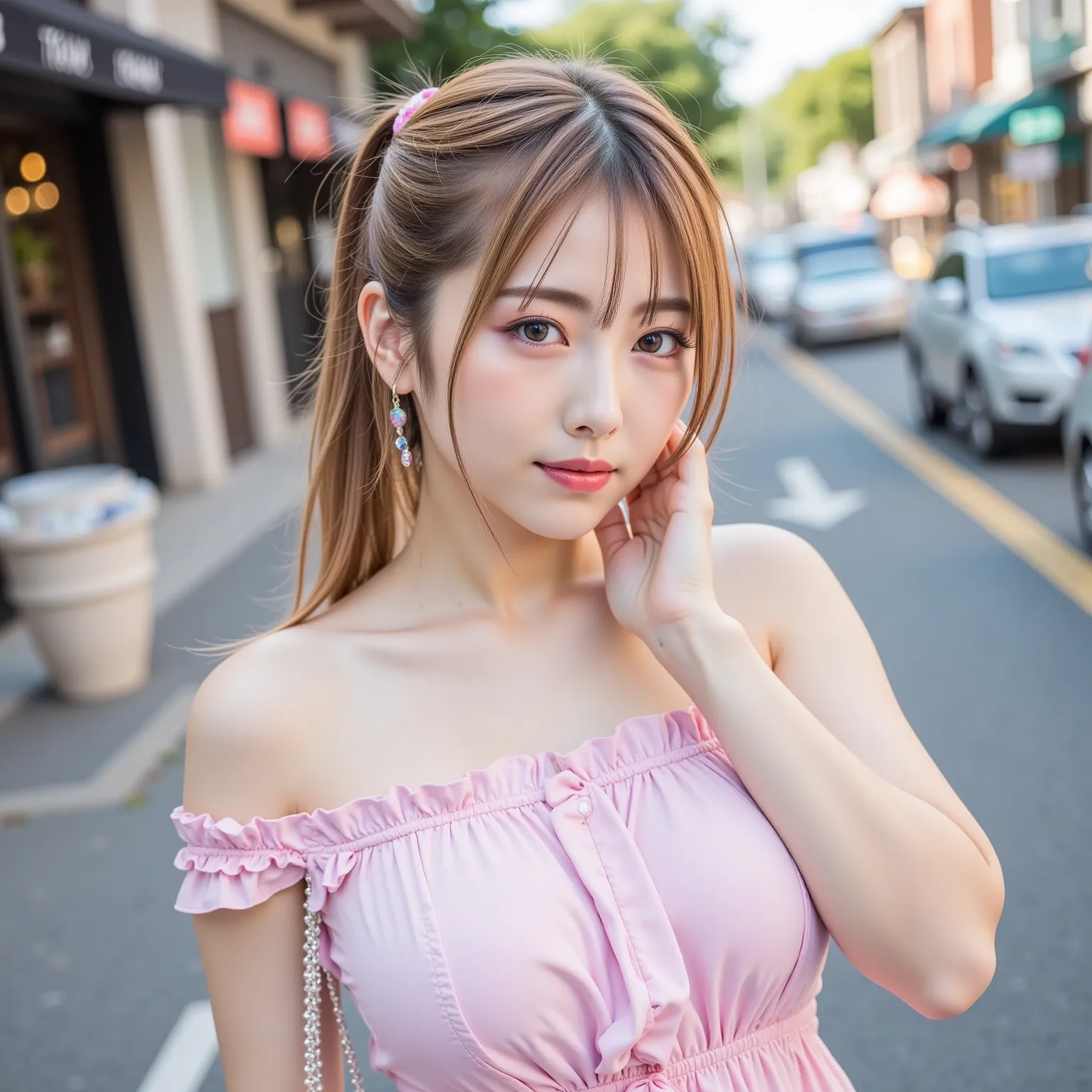 ((8K wallpaper)),((blond hair)),((side ponytail)),((big breasts,Big Breasts)),((dark pink eyeshadow with dark orange lipstick)),(( beautiful Japanese girl)),((Intelligent Glasses)),((street corner background )),((colorful manicure for nails)),((earrings, n...