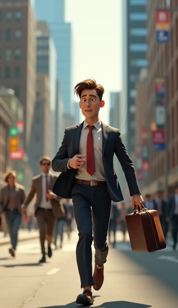 Create a Disney Pixar style medium shot of a young man in his late 20s with short brown hair, wearing a business suit and carrying a briefcase in a busy city street filled with rushing pedestrians and honking cars. The subject is placed center frame and is...