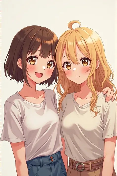 2 bestie girl. One with short brown hair while one with long blonde hair. Their face is pretty 
Style anime