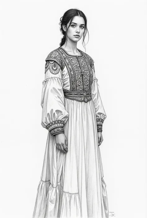 Sketch of a girl in a chakan with a national Tajik dress for pencil sketching 