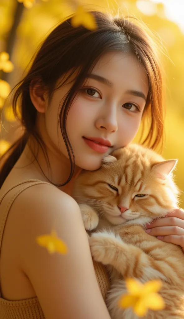 creating a photo of a young person , hugging a cat with gold, yellow red orange tones warm sunshine