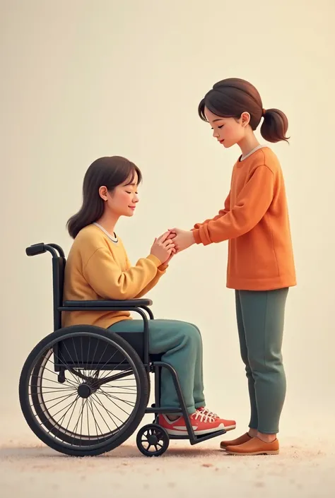 person in a wheelchair and another offering help to get up  