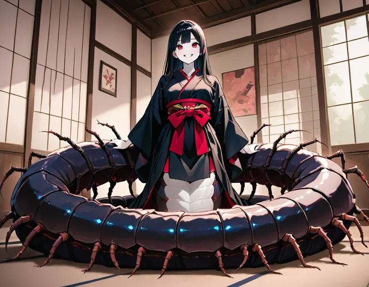 Lamia style girl. Fusion with a centipede. Black centipede body. Red insect legs. giant. Black costume. Japanese kimono dress. Red eyes. Black hair. Straight hair. Neat bangs. Grin. White skin. Japanese house. Indoors. look up.