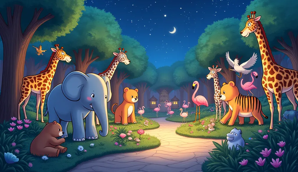 for s
cute anime style
zoos
tiger
bears
elephants
flamingos
giraffes
gorillas
zebras
nights