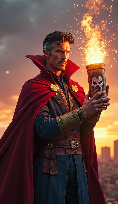 Doctor Strange stands in the evening twilight, holding an enormous firecracker. The firecracker is decorated with a detailed painting of both Doctor Strange and Spider-Man, adding a mystical and heroic touch. His face is clearly visible, illuminated by the...