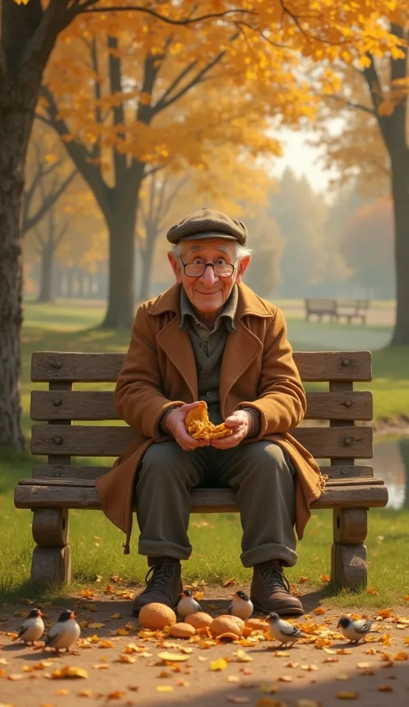 Create a Disney Pixar style medium shot of an elderly man with a kind face, wearing a warm brown coat and a flat cap, sitting on a wooden park bench in a peaceful green park with autumn leaves on the ground. The subject is placed center frame and is gently...