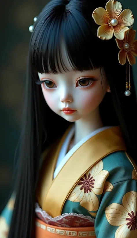 The image showcases a close-up view of a strikingly realistic porcelain doll, seemingly crafted with exceptional detail. The doll possesses long, straight black hair that cascades down her shoulders and back. A delicate gold and pearl hair ornament, resemb...