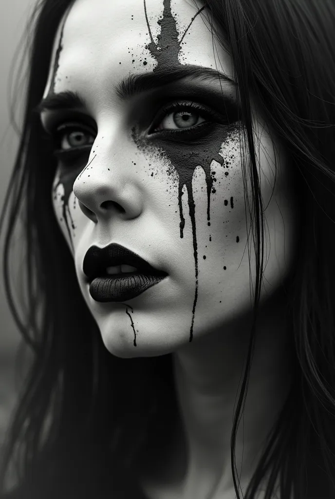 A hyper-realistic, extreme close-up portrait of a woman in black and white, deeply inspired by black metal aesthetics. Her  paint, originally sharp and defined, is now smeared and running down her pale skin in thick, chaotic streaks, as if dissolving under...