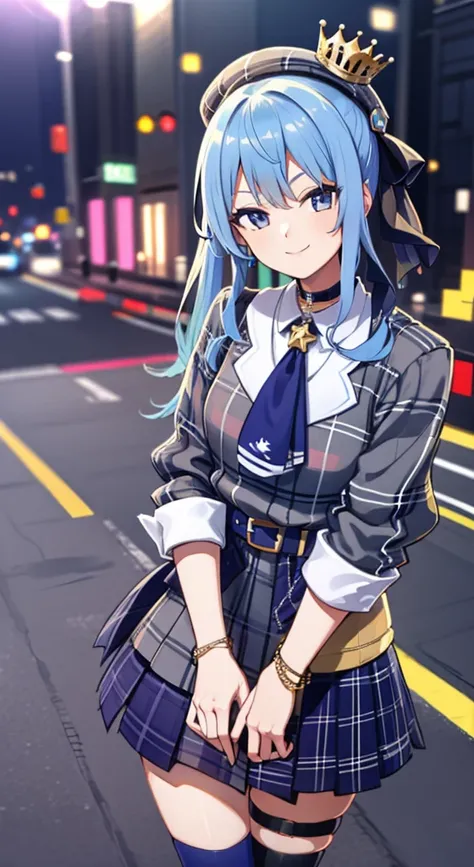 ​masterpiece, top-quality, Hi-Res, sui1, 1girl in,  solo, side pony tail,  Hoshimachi Suisei, Fingerless gloves, Single thigh, jewely, single sock, Thigh strap, A bracelet, Blue socks, buttoning, single kneehigh, Plaid dresses, Blue choker, Blue belt, plai...