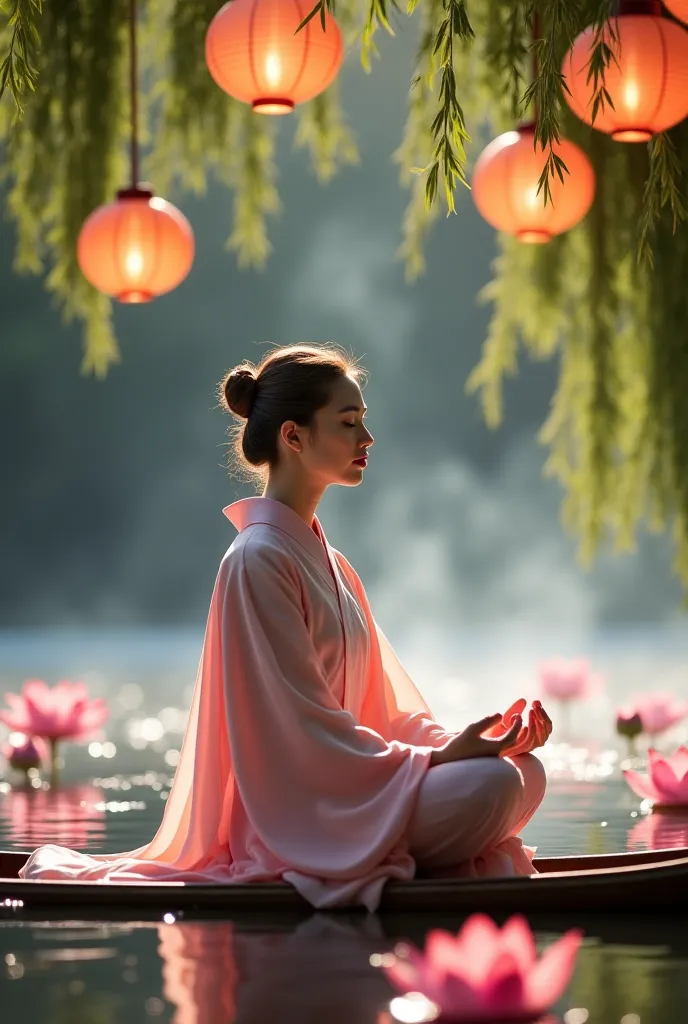 1. Create an image of a woman with light hair, dressed in a traditional hanfu in Pantone's "Blush Pink," sitting on a wooden boat in a tranquil pond surrounded by lotus flowers. She is meditating under the soft glow of lanterns hanging from a willow tree, ...