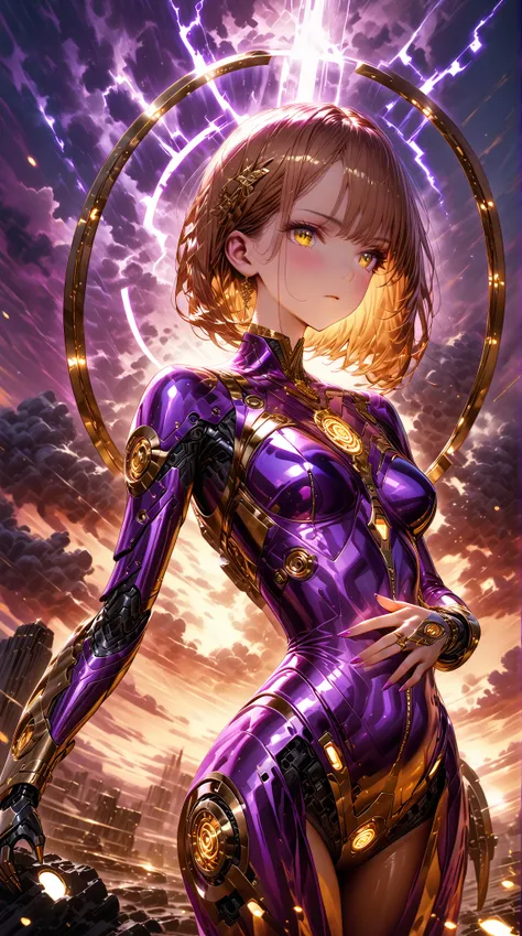 ((masterpiece, high image quality ,8k)),(( very detailed ,perfect picture)),(perfect anatomy),(ultra detailed), robot woman,Machine Body,purple tight pilot suit,Exposing Skin,Thin fabric,((Exposing the belly),(Exposing thighs)),((Golden wheels,holds wheels...