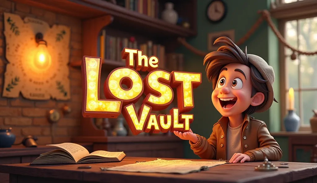 "A vibrant, 3D cartoon-style YouTube banner featuring a cheerful, adventurous character in a cozy, mysterious study filled with antique books, glowing artifacts, and an old treasure map pinned to the wall. The character, a friendly historian or explorer wi...