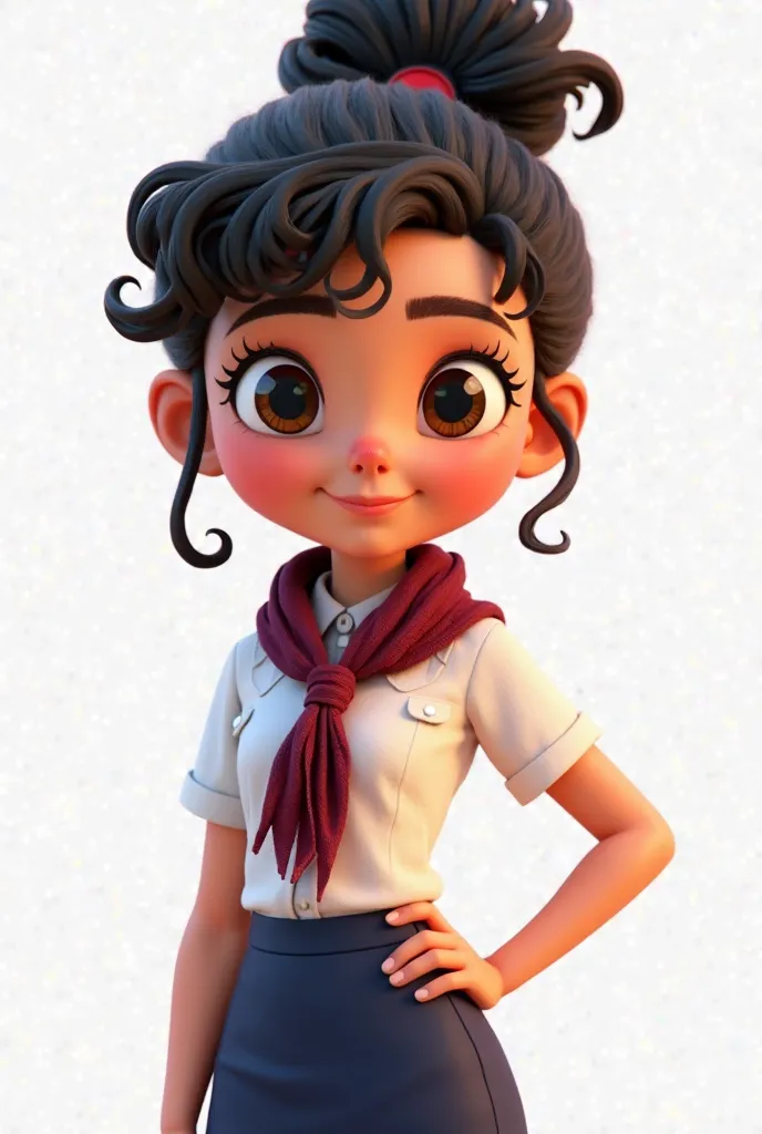 style pixar 3d,  , curly hair tied black ponytail style, brown eyes, eyelash ,wearing a white shirt,  navy blue pencil skirt , and boy scout scarf in burgundy color, white background