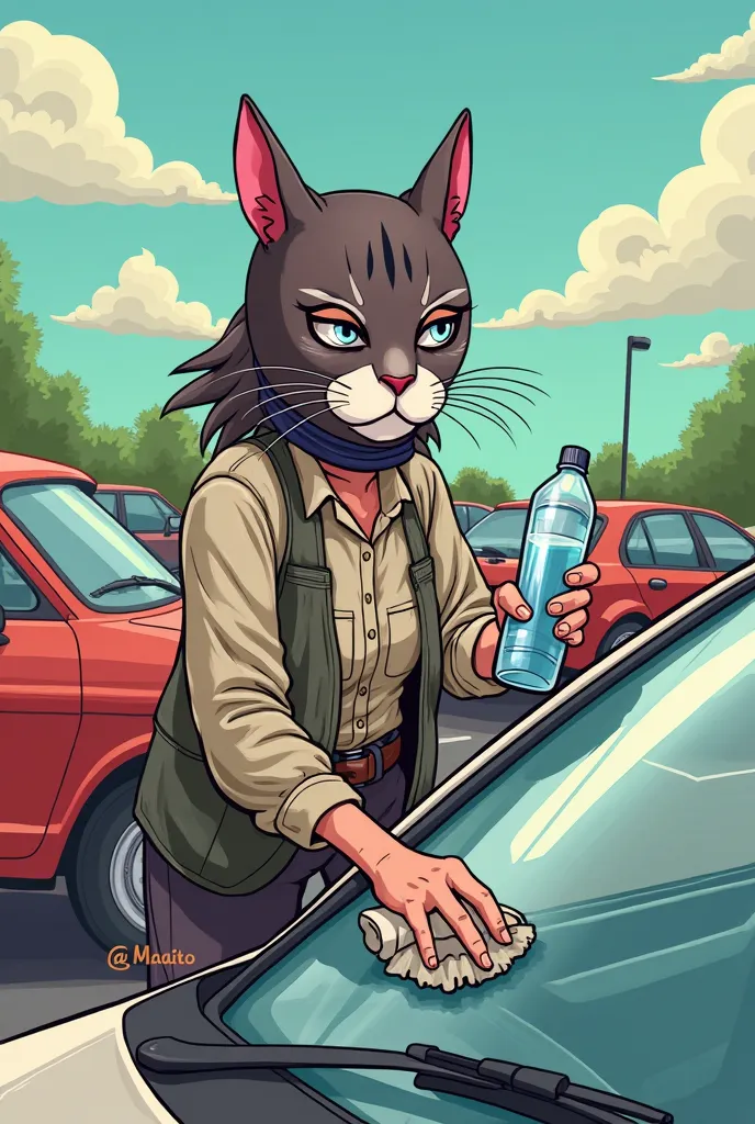 CARTOON OF A poor woman is standing next to a car, wearing a cat mask over his face and holding a bottle of water in one hand. He appears to be cleaning the windshield with a cloth in the other hand. The car has its windows rolled up, and there are other c...