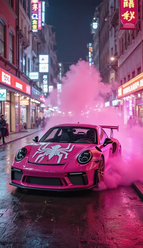 aerial view,  metropolis , Avenue with shops painted in pink. neon pink. Side view of a pink Porsche of the same color as the background, personalized with the Spider-Woman Gwen theme,  in the colors pink ,  white and black details , Big spider symbol on t...