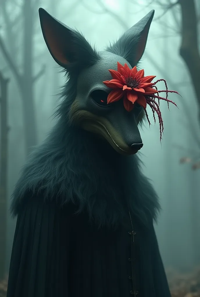 Man wearing ghost fox mask with flower of death