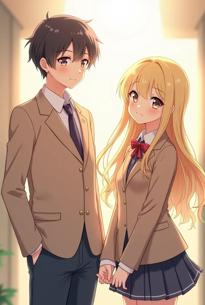 Boy and girl had Same heights,school uniform,couple,blonde hair girl,cute,anime style,looking at viewers