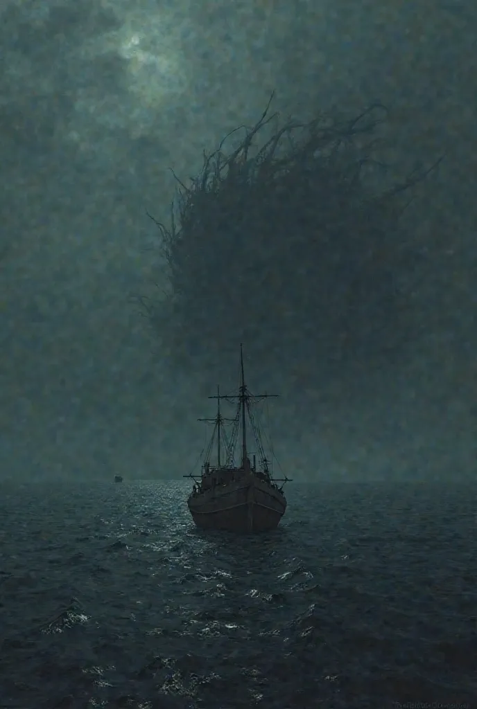 A small fishing vessel in the middle of the ocean, bobbing in the dark waters, as a gigantic and menacing shadow forms below it.