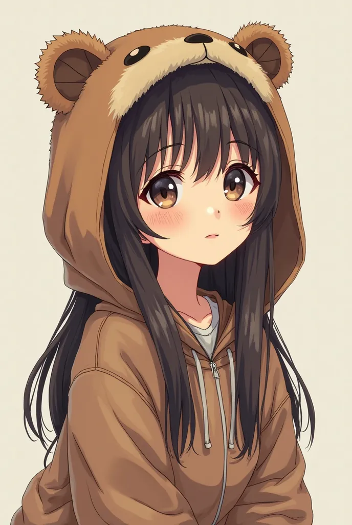 Girl with BRUNETTE skin color and long straight hair cut into layers wearing a capybara hood with capybara ears MANGA style not very realistic why is manga the girl 