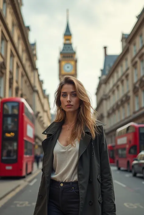 "Create a hyper-realistic image of a person in the foreground,  with her entire body visible . The person must be standing,  with a natural posture , in a setting in the background of London. The background must capture the essence of London in a super rea...