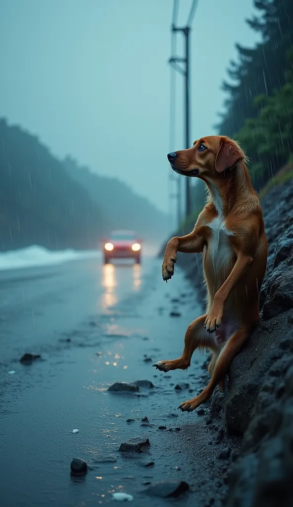 create an image of a cute dog hanging on the side of a road in the middle of the sea, It's raining a lot and in a lot of waves and rays, And there's a car coming. The dog is very sad and is about to fall off the road