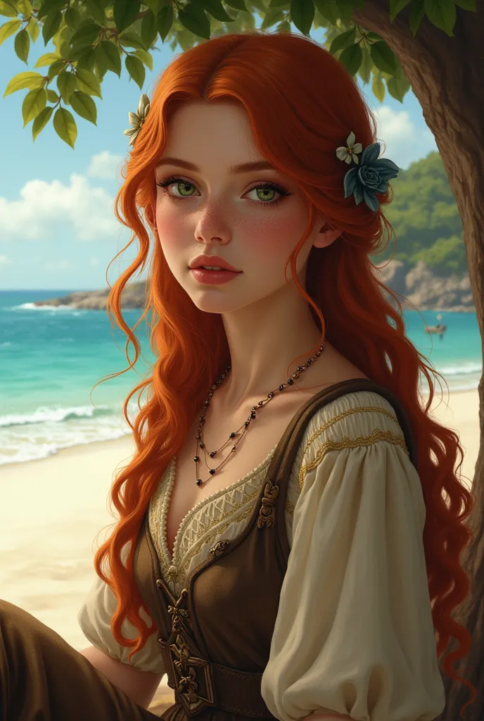 Her name is Angela, long wavy redhead, box with green eyes, Fantastic Peasant Girl Outfit, watching the beach sitting under a tree on a beach