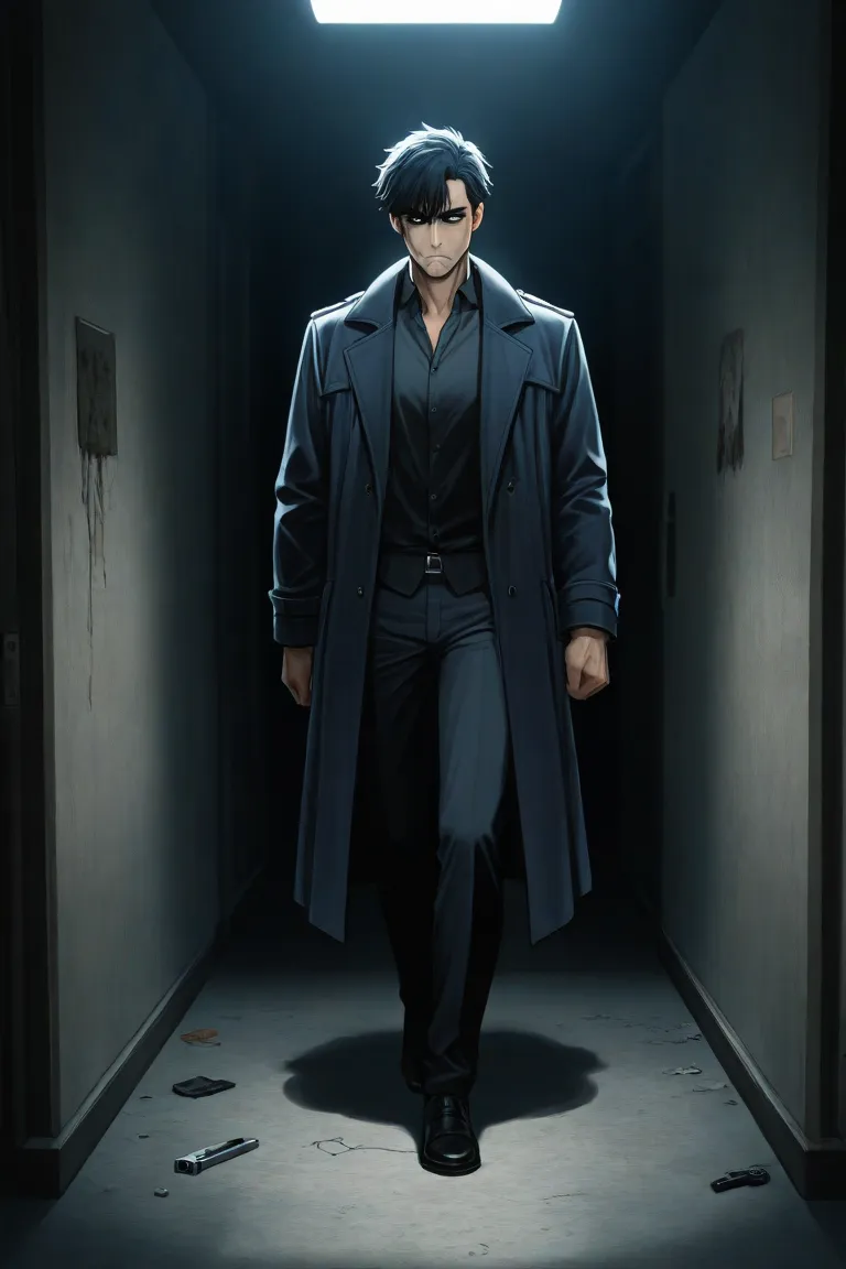 *"A mature male detective, around 25 years old, with short, slightly messy black hair and sharp, intense eyes that exude intelligence and determination. He has a lean but strong build and wears a long, dark detective coat over a fitted yet practical outfit...